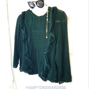 Free People Jasmine forest green ruffle victorian lace blouse 3/4 slv crop top M